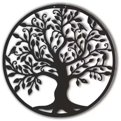 Décoration murale en métal représentant la silhouette de l'Arbre de Vie, art d'intérieur et d'extérieur, cadeau, jardin, décoration intérieure (noir, 40 x 40 cm)