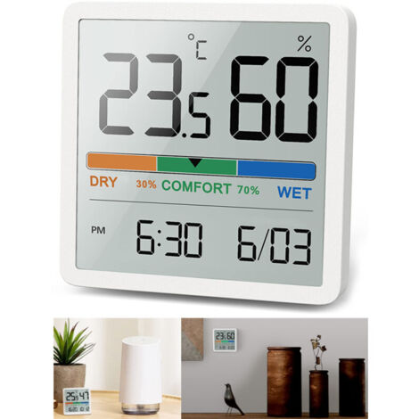 Thermomètre-hygromètre numérique, thermomètre de table numérique avec affichage de la température et de l'humidité, hygromètre précis, thermomètre d'ambiance avec horloge pour bureau, maison et chambr (1/5)