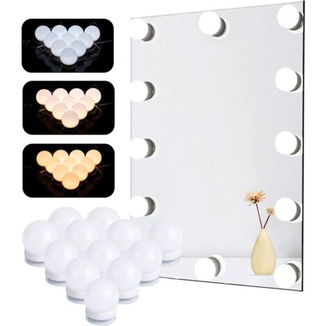 Kit d'éclairage pour miroir Natseekgo, 12 ampoules LED style Hollywood, intensité réglable, pour miroir de salle de bain, 3 couleurs, 10 niveaux de luminosité, avec adaptateur (miroir non inclus)