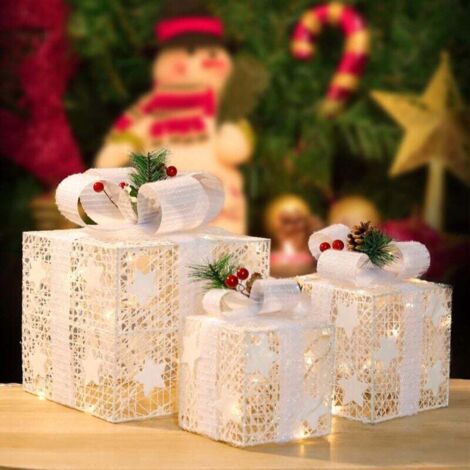Lot de 3 boîtes cadeaux blanches,Coffrets cadeaux éclairés,pelouse de jardin,Boîtes Décoratives en Fer Freestanding avec Conception d'Étoile,Idéal pour les Célébrations de Noël (1/5)