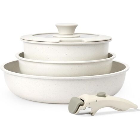 Lot de 5 casseroles et poêles avec poignée amovible, avec revêtement anti-adhésif, compatible avec plaques à induction, passent au four/lave-vaisselle, pour tous les types de feux