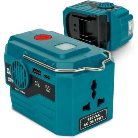 Onduleur 200 W pour batterie Makita 18 V, centrale électrique portable DC 18 V vers AC 110-120 V avec 1 port USB, 1 port USB-C, lumière LED 280 lm pour l'extérieur, le camping, les voyages,