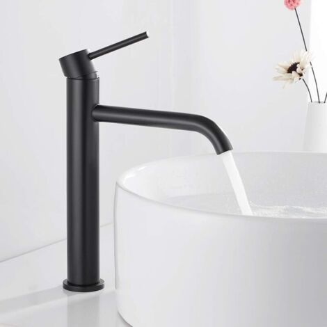 Robinet de Lavabo en Acier Inoxydable, Robinet de Lavabo Haut, Robinet de Lavabo à Poser, Mitigeur à Levier Unique, Robinet de Lavabo, Robinet de Salle de Bain Mat (Noir) (1/5)