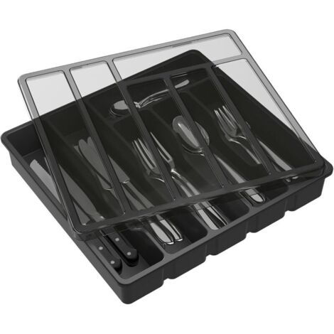 Range Couverts pour Tiroir avec Couvercle, Boîte de Rangement Couverts de Cuisine, Organisateur de Couverts en Plastique, Boîte de Rangement Couverts pour Tiroir de Cuisine et Comptoir, 6 Compartiment (1/5)