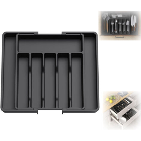 Couverts, Plateau d'Ustensiles Extensible pour Tiroir, Organisateur de Tiroir Réglable pour la Cuisine, Rangement Compact en Plastique pour contenir des Cuillères, Fourchettes, Noir