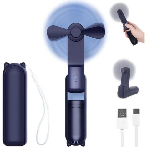 Mini ventilateur à main portable, à piles rechargeables par,  personnel pliable et silencieux  peut être utilisé comme alimentation mobile,pour bureau domicile voyage en plein air（Bleu） (1/5)