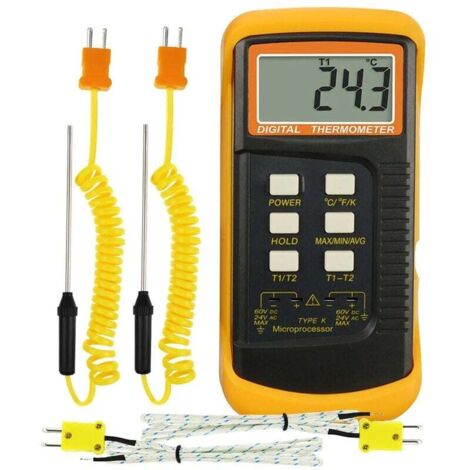 Handheld Digital K-Typ Thermometer mit zwei Kanälen und zwei Thermoelementen, Messbereich: -50 bis 1300°C (-58 bis 2372°F), Kelvin-Skala, Hochtemperatur-Messsensor