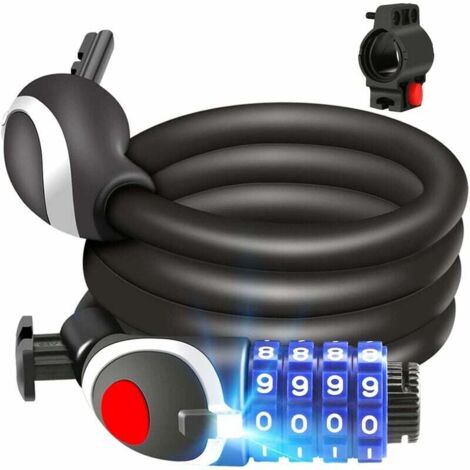 Cadenas de Vélo, 120cm x 12mm Câble Antivol pour Vélo/Scooter/Motos/Portail Vélo, avec 4 Chiffres Intelligente Code et vélo Titulaire, Couleur Noir (1/5)