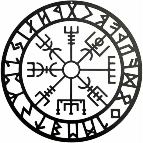 Art mural de boussole viking, sculptures boussole nordique noir creux en fer mural suspendu en métal pour chambre à coucher moderne décoration de paroi métallique de chambre à coucher (28 cm) (1/5)