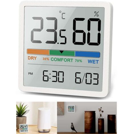 Thermomètre Hygromètre Numérique, thermomètre numérique de bureau avec moniteur de température et d'humidité, thermomètre d'ambiance à jauge d'humidité précise avec horloge pour Bureau, Maison, Chambr (1/5)