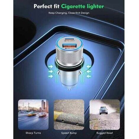 Allume Cigare USB, USB C PD 20W Charge Rapide Chargeur Voiture, USB A QC3.0 Chargeur Allume Cigare USB Tout métal pour iPhone 13 12 Huawei LG. (1/3)