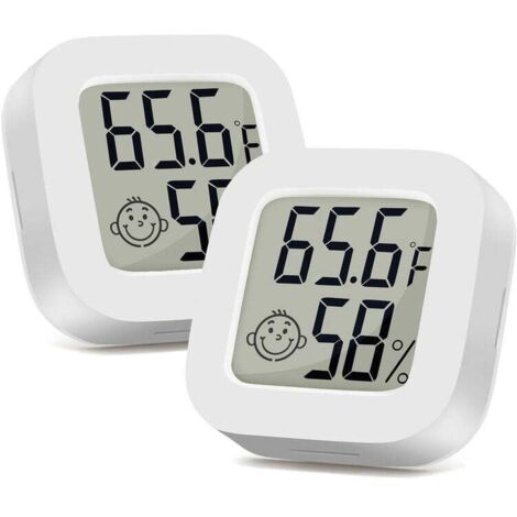 2 Pack Thermometre Interieur MiniThermomètre Hygrometre Haute Précision Température Hygromètre Moniteur avec Air icône Confortable pour Cuisine Chambre de Bébé Serre Entrepôt Bureau,