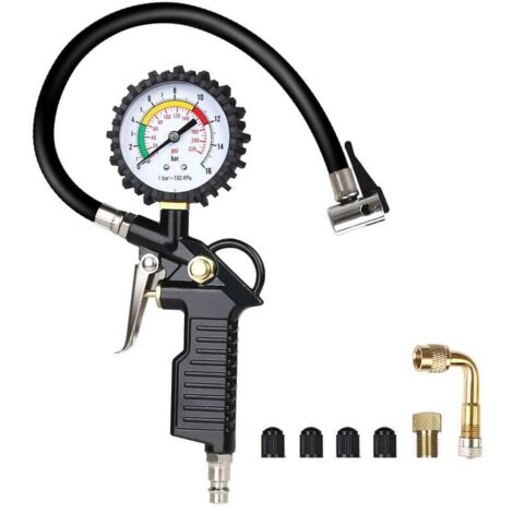 Pistolet Manometre De Gonflage - Manometre Pression Pneu,Numérique Manomètre Pneu, Pistolet de Gonflage Manomètre Avec 4 Bouchons de Valve, une Tige de Rallonge en Métal,