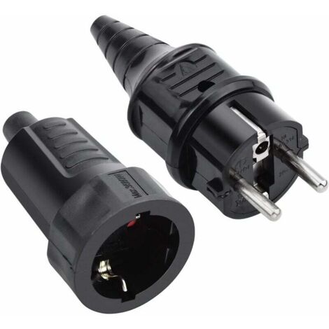 Kit Fiche Mâle & Prise Fem en Caoutchouc, 250V 16A, IP44, Noir
