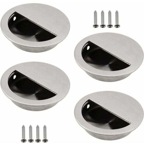 Lot de 4 Poignées Encastrables en Acier Inoxydable Argenté Poignée de Porte Coulissante Ronde Ø50mm avec un Trou Demi-Circulaire de 40 x 20mm Facile à Tirer - pour Porte Coulissante ou Autres Meubles (1/5)