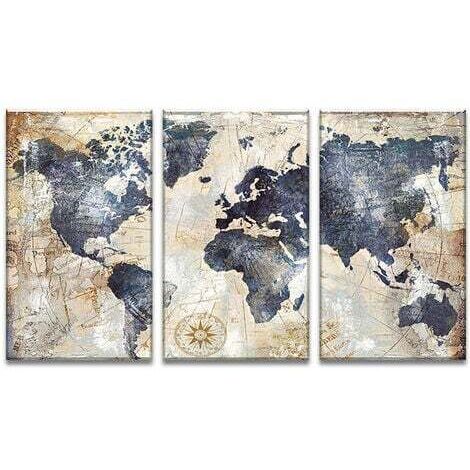 Impression sur toile intissee Carte du monde tableau 3 parties tableaux decoration murale photo 3060 CM (1/4)