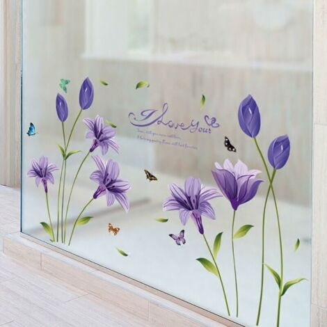 Autocollant mural violet (160 x 85 cm) I Fleur de Lys Plante Papillon Branche d'arbre I Autocollant mural auto-adhésif pour salon Chambre d'enfant Carrelage de cuisine Adolescents adultes (1/5)