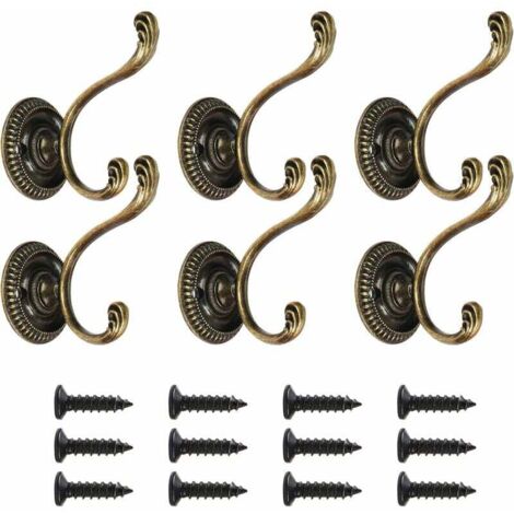 Lot de 6 patères doubles vintage, crochets muraux robustes, crochets pour vêtements, crochets de chambre principale, crochets de porte décoratifs avec vis pour cuisine de salle de bain, bronze