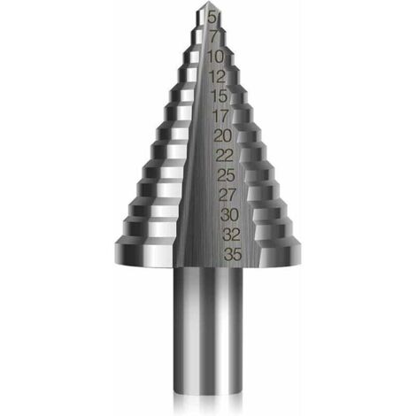 Foret Fraise Meche Etage HSS,Foret Étagé Fraise Conique à Double Fente (5mm-35mm) avec Revêtement Titane,Solide,Parfait Pour Visseuse Percage sur Acier Bois,Laiton,Aluminium,PVC(Tige ronde, 13 mm) (1/5)