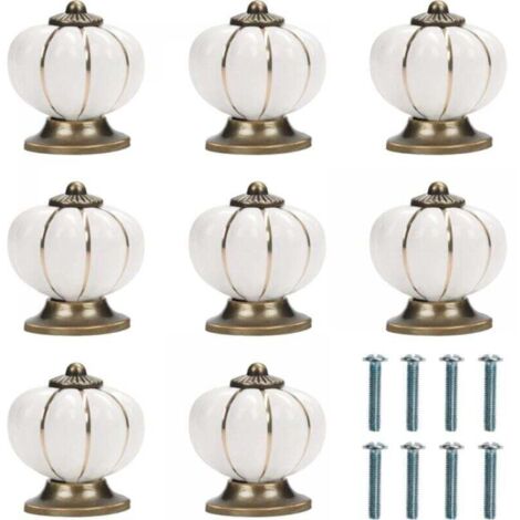 (Lot de 8) - 3,6 x 3,9 cm - Bouton Ceramique Meuble Blanc et Or avec Vis en Forme de Citrouille Bouton de Meuble Rond Vintage - Pour Maison, Bureau, Armoire de Cuisine, Tiroirs et Placard (1/5)