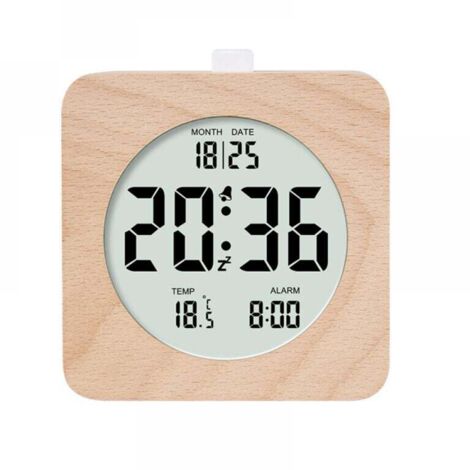 carré Réveil numérique en bois, réveil matinal, horloge numérique LCD avec affichage de la date, de la température, de la répétition, du rétroéclairage, horloge numérique alimentée par batterie (1/5)