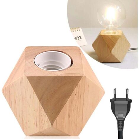 NizLampe de table en bois - Culot E27 - Petite lampe de chevet avec base en bois de diamant - Prise européenne - Culot en bois E27 - Parfaite pour chambre à coucher, salon, bureau (sans ampoule) [Clas (1/5)
