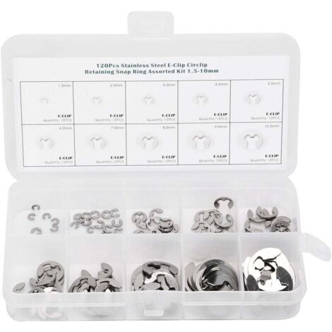 120pcs E Clip Rondelle En Acier Inoxydable Anneau De Retenue Externe Circlip Assortiment Kit 1.5mm-10mm (1/5)