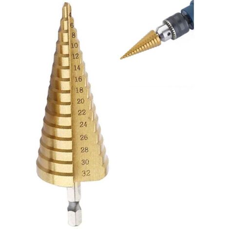 Foret Etagé, Foret Fraise Conique en HSS avec Revêtement Titane Tige Hexagonale Conception de Double Fentes 4mm - 32mm pour Visseuse Perçage sur Bois Acier Laiton Plastique