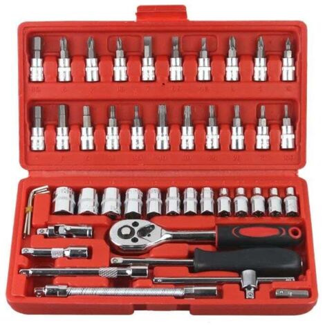 Kit D'outils à Main de Mécanicien 46pcs, Jeu de Clés à Douille avec étui Jeu de Douilles à Cliquet Multifonctions pour clé à Cliquet 24T pour la Réparation Automatique de (1/5)