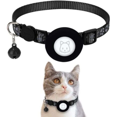 SNQ – Collier réfléchissant pour chat avec support Airtag – Boucle de sécurité et cloche – Taille réglable 22-35cm – Nylon anti-rayures (noir)