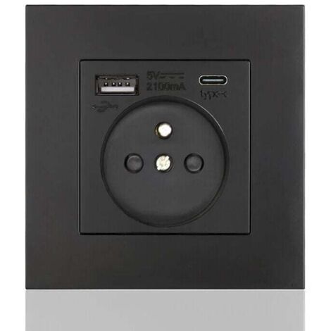SNQ – Panneau de prises françaises 16A Type 86 – 2 prises + 1 USB + 1 Type-C – Installation horizontale/verticale – Sûr et ferme, carré noir - USB16A