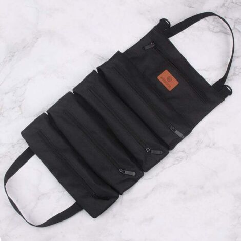 Sac à outils en toile enroulable avec 5 poches zippées, sac à outils polyvalent (Noir)