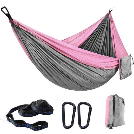 Hamac d'extérieur, hamac de voyage 300x200cm pour 2 personnes, hamac de camping en soie parachute 300kg avec 2 sangles en nylon + 2 boucles de randonnée en acier solide (Nouveau rose épelant gris clai