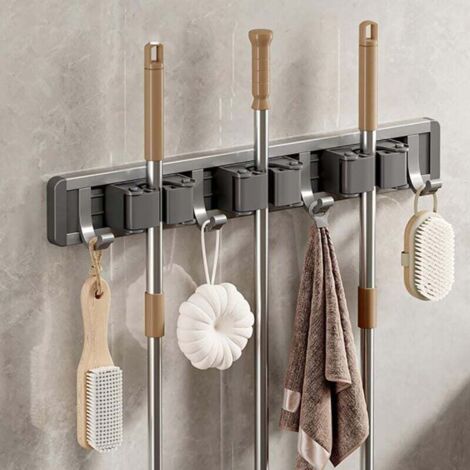 Accroche Balai Mural Aluminium, sans Percage, Support Adhesif avec Crochet, Range, Porte Outils pour Cuisine, Garage, Jardin, Salle de Bain (Gris,3 Supports et 4 Crochets),de (1/4)
