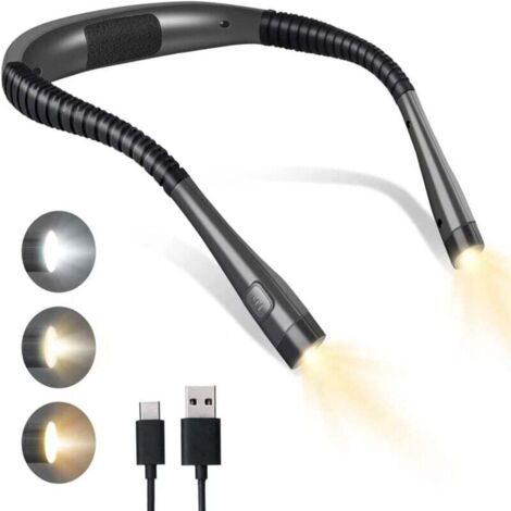 Lampe de lecture rechargeable pour le cou, 3 couleurs, 3 niveaux de luminosité, bras pliables, longue durée de vie, idéale pour la lecture, le tricot et les réparations.