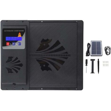 Ouvre-porte automatique de poulailler à énergie solaire USB avec minuterie affichage LED programmable 3 modes d'alimentation type ouvert horizontalement noir (1/4)