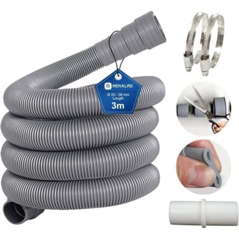 Tuyau d'évacuation d'eau sale de 3 m pour machine à laver avec raccord de tuyau d'évacuation et 2 colliers Rallonge de tuyau d'évacuation de 20 mm pour lave-linge lave-vaisselle