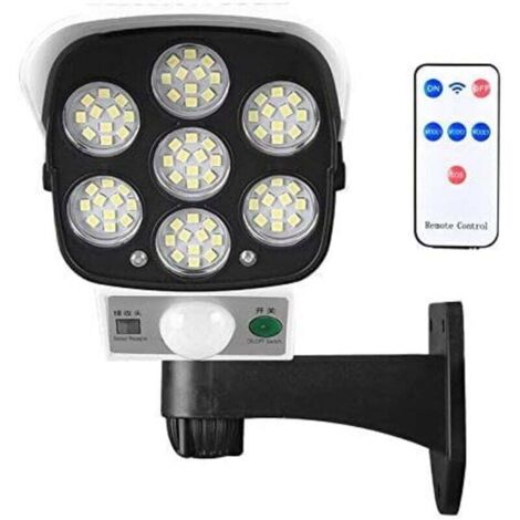 Lampe solaire Lampe solaire d'extérieur avec détecteur de mouvement sans fil et caméra de sécurité factice IP66 étanche 77 LED lampe murale spot pour cour, jardin, terrasse, garage, allée-RAPANDA (1/4)