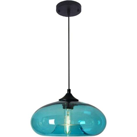 Suspension géométrique, plafonnier en verre finition métal noir, luminaire suspendu simple pour chambre, salle à manger, cuisine, café, îlot de cuisine, suspension simple E27 bleu (1/4)