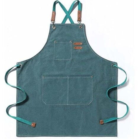 Tablier de chef, tablier de jardinage en toile de coton avec grandes poches pour hommes et femmes, bavoir de cuisine, tablier de jardinage réglable et résistant - Vert (1/4)