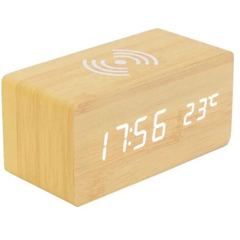 Thermomètre Numérique Réveil Réveil Numérique Bois Réveil À Bois LED Digital avec Chargeur sans Fil, Réveil en Bois avec Chargeur À Induction Chargeur sans Fil pour Chambre/Bureau (1/4)
