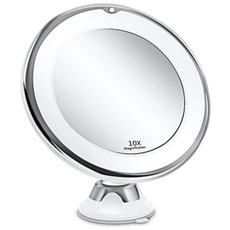 Miroir Grossissant 10x Lumineux LED avec Forte Ventouse, Batterie - Miroir Maquillage avec Lumière Natur Dimmable pour Les Salles de Bain(Blanc) (1/4)