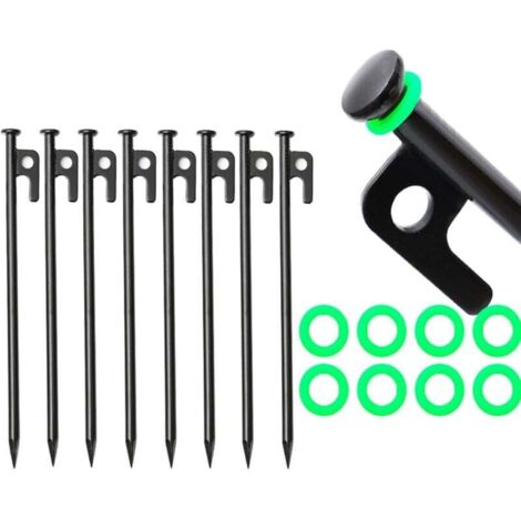 Lot de 8 piquets de tente robustes de 40 cm pour camping, auvents et jardin (8 piquets de sol + 8 cercles lumineux + 1 sac) (1/4)