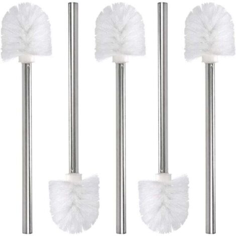 Brosse de rechange pour toilettes/toilettes/salle de bain 5 pièces, tête de brosse de nettoyage, manche en acier inoxydable et tête en plastique, blanc, 37,5cm (1/4)