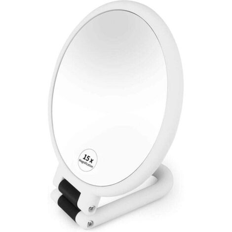 Miroir de maquillage double face, 1x miroir à main grossissant 15x avec poignée pliante à 360°, miroir de maquillage à suspendre, petit miroir de voyage portable pour filles et femmes - Blanc (1/4)