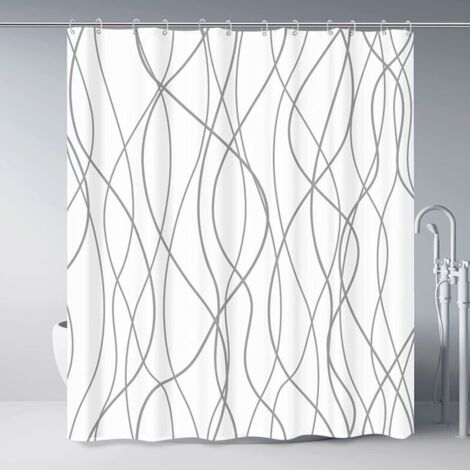 Rideau de douche en tissu rayé gris et blanc pour salle de bain avec 12 crochets, rideaux de douche pour salle de bain de 72 pouces de long, ourlet lesté, accessoires de bain imperméables style hôtel (1/4)