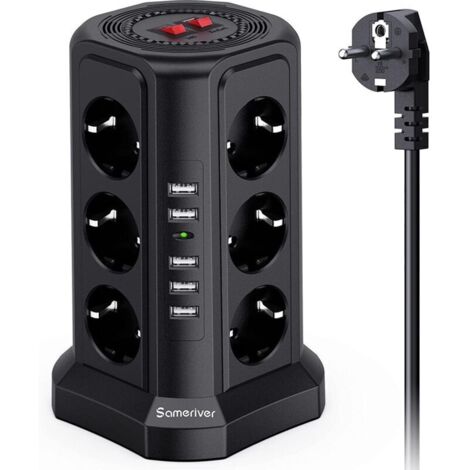 Tour multiprise parafoudre, Multiprise Electrique- Multiprise Électrique avec 5 Ports USB et 12 Prises, 3 Interrupteurs - Couleur Noir. (1/4)