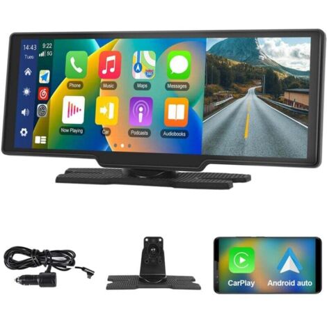 10,26 Pouces Stéréo de Voiture Portable avec A-pple Carplay Android Auto sans Fil, écran Tactile 7-32V, Assistant Vocal de Caméra Arrière/Bluetooth/Transmetteur FM/AUX/TF Carte