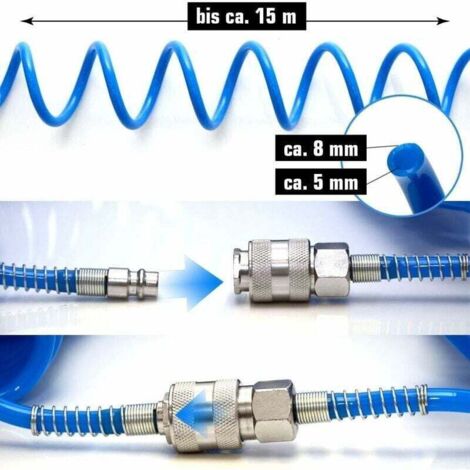 Tuyau Compresseur 7.5m Tuyau Air Comprimé Eyepower 7.5m - Spirale PU 1/4 - 10 Bar - Raccord Laiton Tuyau Air Comprime Spirale