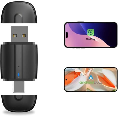 Adaptateur CarPlay sans fil & Android Auto sans fil 2 en 1 – USB-A & USB-C – Connexion Automatique – Plug & Play – Compatible iPhone & Smartphone Android – Installation Facile – Compact – Wireless (1/4)